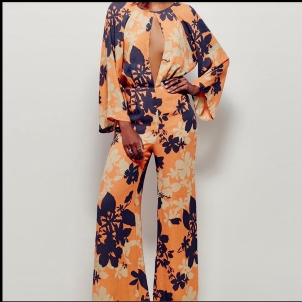 Free People Floral high waist wide leg bell bottom long sleeve jumpsuit 2
